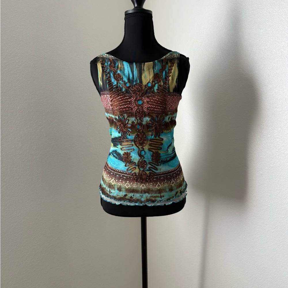 Sonia Fortuna Firenze Blue and Brown Mesh Patterned Tank Top- Size XS